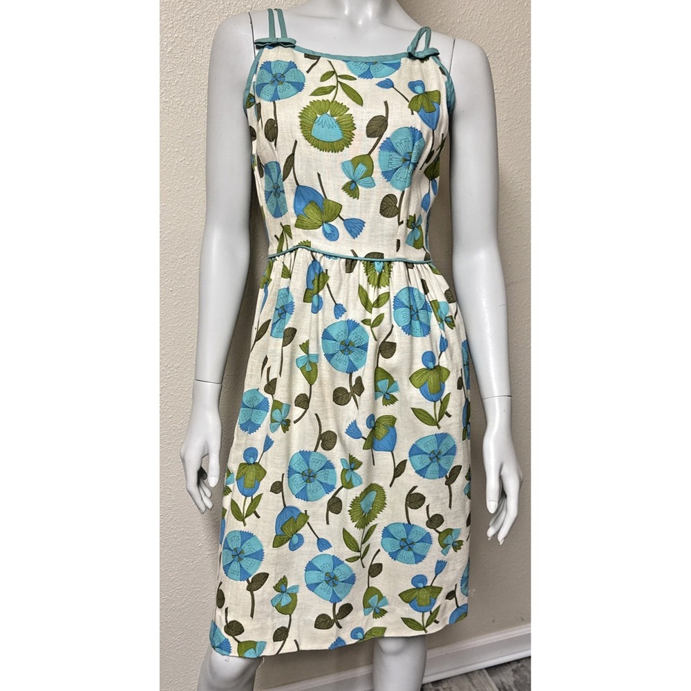 Vtg 1950s Mod Floral Dress  Small Floral Tea Garden Sundress Green Blue MCM